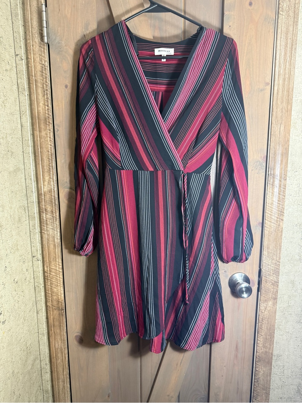 Monteau Red and Black Striped Long Sleeve Wrap Dress